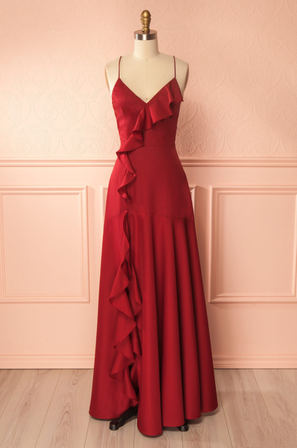 Simple Burgundy V Neck Long Prom Dress,lace Up Back Formal Dress,prom Dress With Ruffles