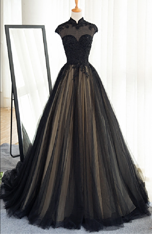 High Neck Prom Dress,long Black Tulle Prom Dress,lace Appliques Prom Gowns,custom Made Women Formal Dress, Black Evening Dress