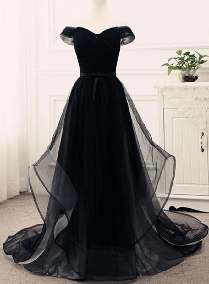 Black Prom Dress Tulle Party Dress Sweetheart Neck Evening Dress Off Shoulder Prom Dress Customize Long Ruffles Evening Dresses
