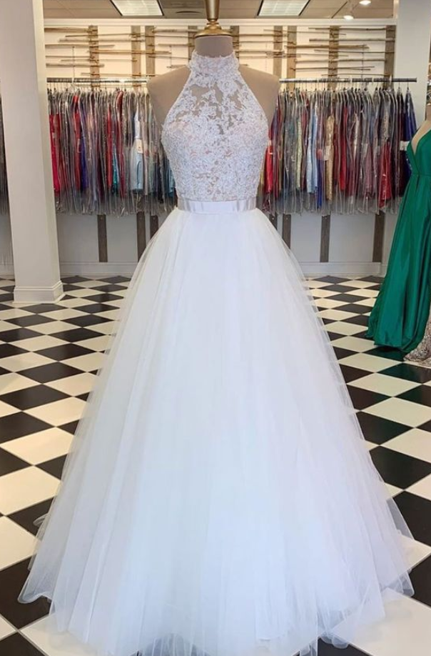 High Neck Tulle Lace Long Prom Dress White Lace Evening Dress