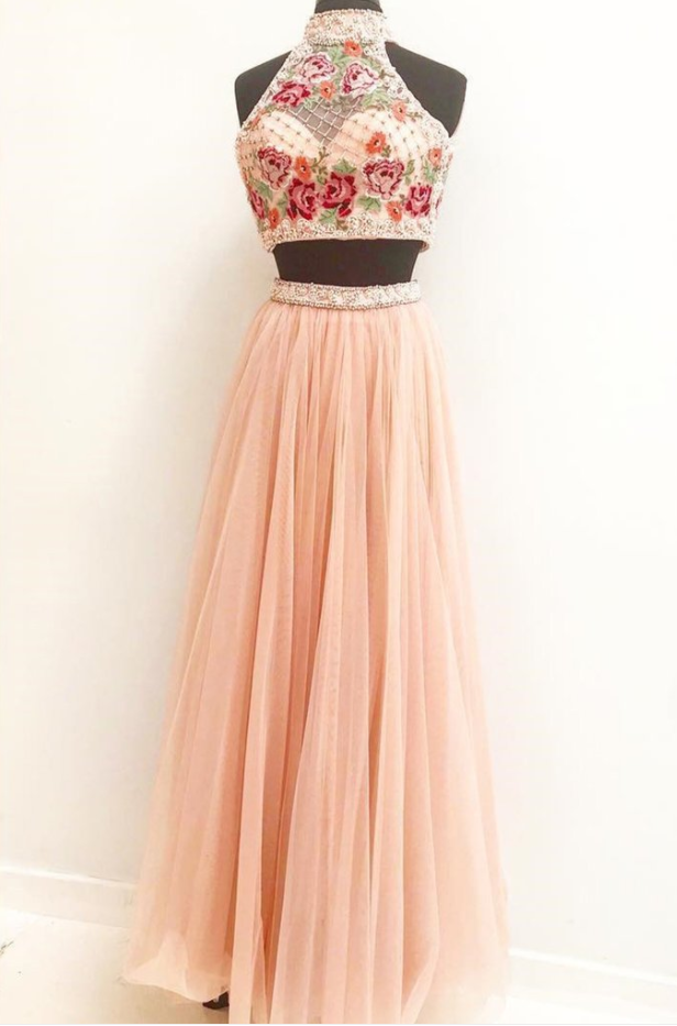 Cute Pink Two Piece Embroidery Strapless Long Prom Dress, Long High Neck Evening Dress