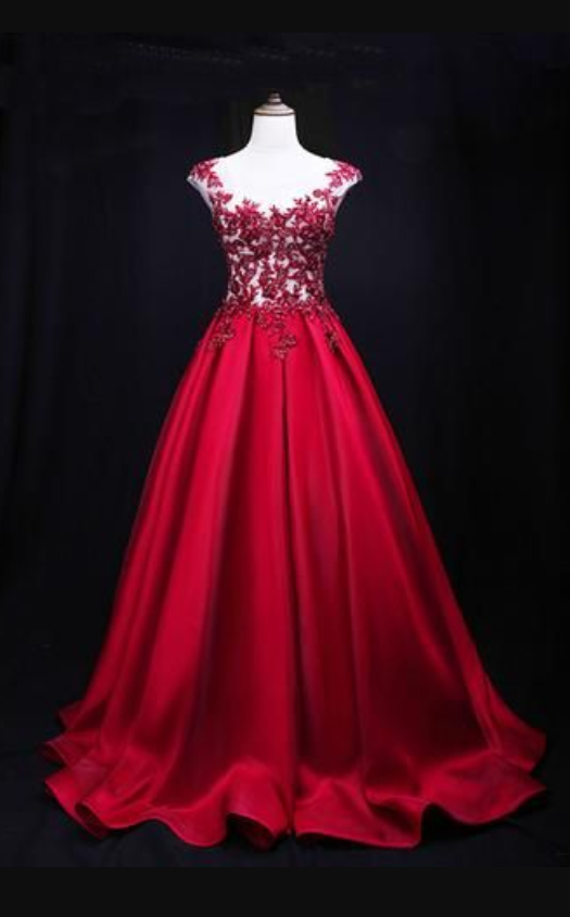 Gorgeous Dark Red Satin Long Cap Sleeves Formal Dress, Prom Dress