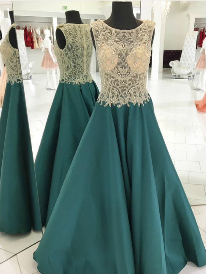 A-line Green Satin See Through Top Beading Long Prom Dress