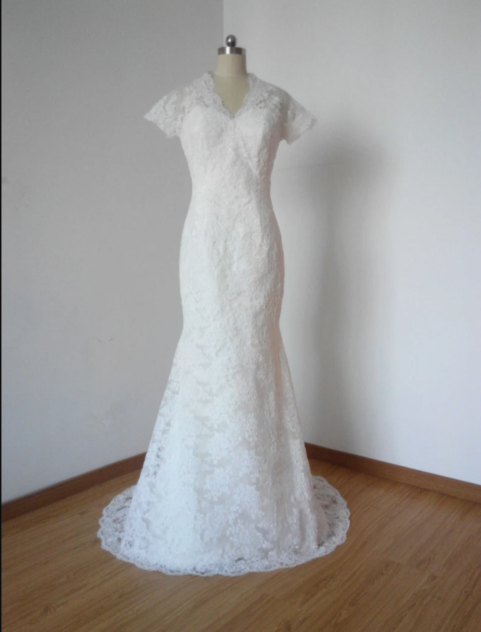 Mermaid Backless V-neck Ivory Lace Long Wedding Dress With Short Sleeves And Back Buttons