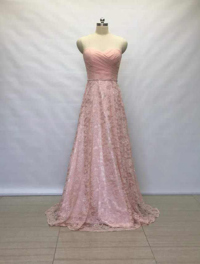 Sweetheart Pearl Pink Chiffon Lace Long Bridesmaid Dress With Beaded Waistline