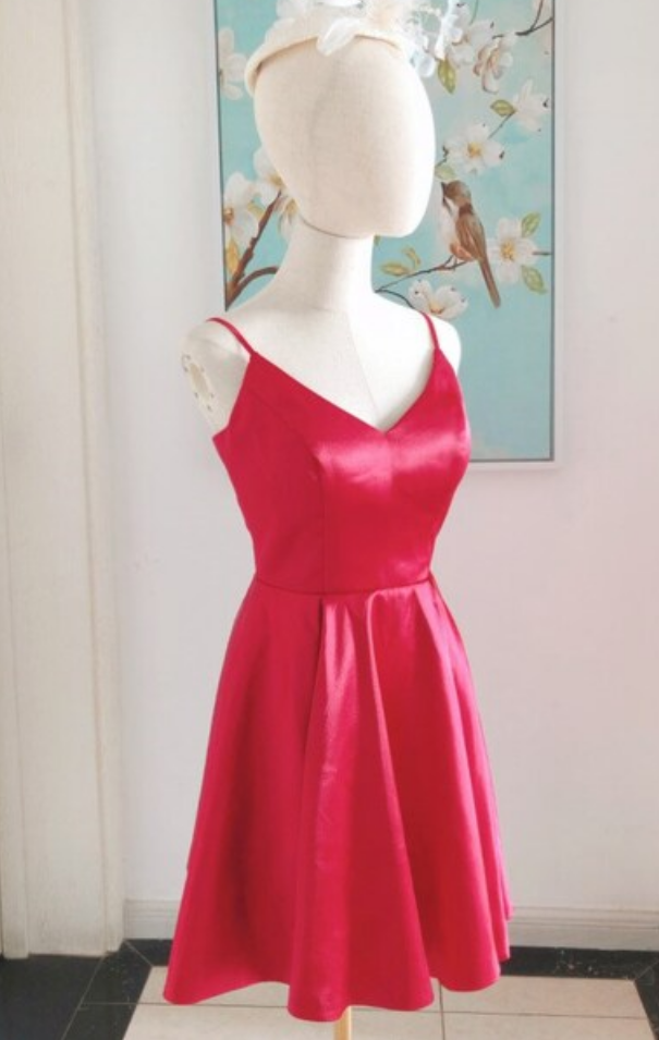 Homecoming Dresses Short Red Satin Homecoming Dress With Pockets, Homecoming Dress Under 100, Simple Red Homecoming Prom Dresses