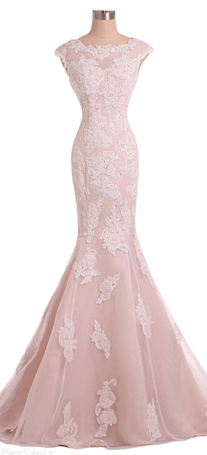 Pink Lace Appliquéd And Beaded Embellished Floor Length Mermaid Evening Gown Featuring Bateau Neckline And Cap Sleeves Bodice