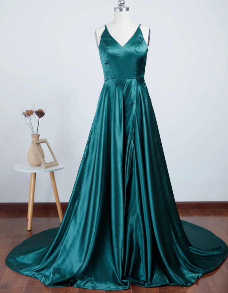 Prom Dresses V Neck Emerald Long Prom Dresses With Sweep Train, Emerald Long Formal Evening Dresses