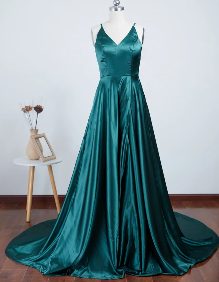 Prom Dresses V Neck Emerald Long Prom Dresses with Sweep Train, Emerald Long Formal Evening Dresses
