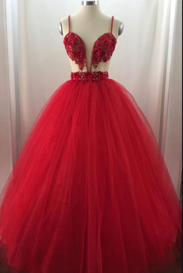 Red Tulle Lace Applique Beaded Long Prom Dress, Evening Dress