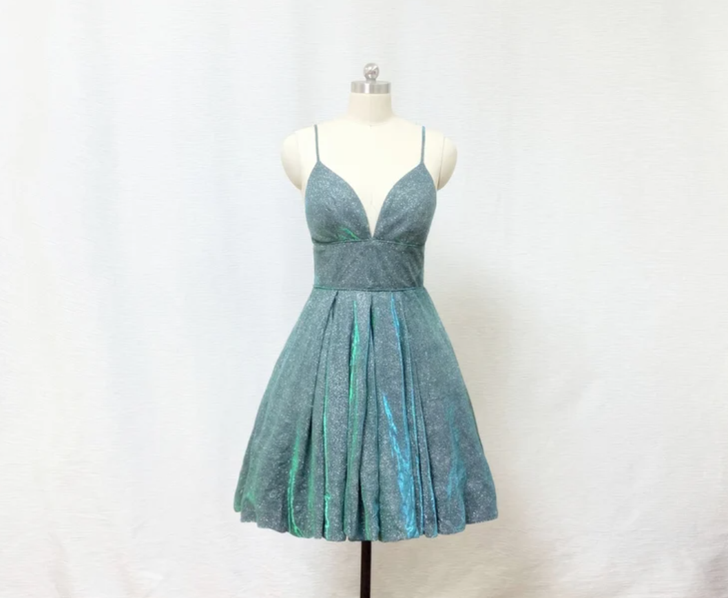 Spaghetti Straps Silver Green Glitter Short Homecoming Dress with Pockets