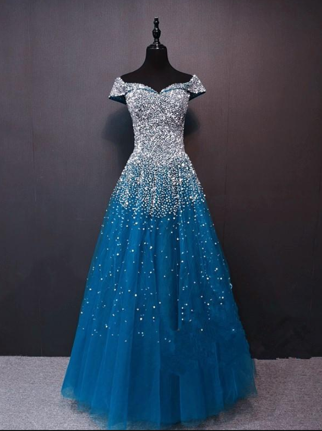 Beautiful Teal Blue Sparkle Beaded Long Formal Dress, Blue Prom Dress