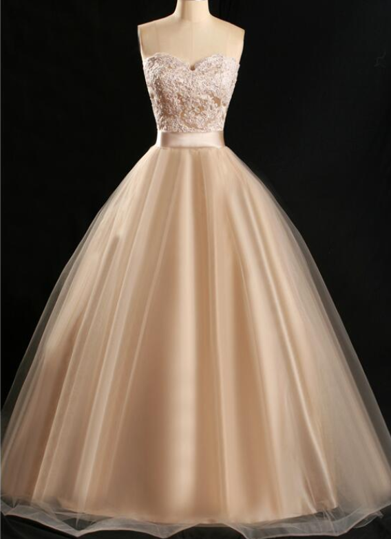 Elegant Tulle And Lace Ball Gown, Sweetheart Party Dresses, Champagne Long Prom Dress