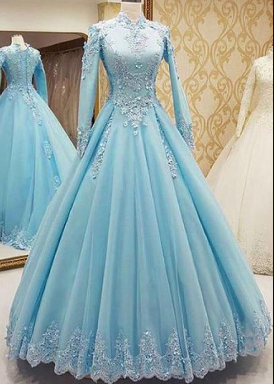 Elegant Tulle High Collar Floor-length A-line Prom Dresses With Lace Appliques