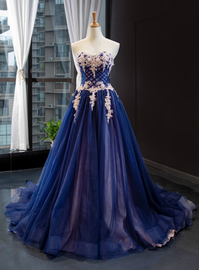 Gorgeous Sweetheart Navy Blue And Lace Appliques Prom Dresses Evening Formal Gown Long Tulle Ball Gown