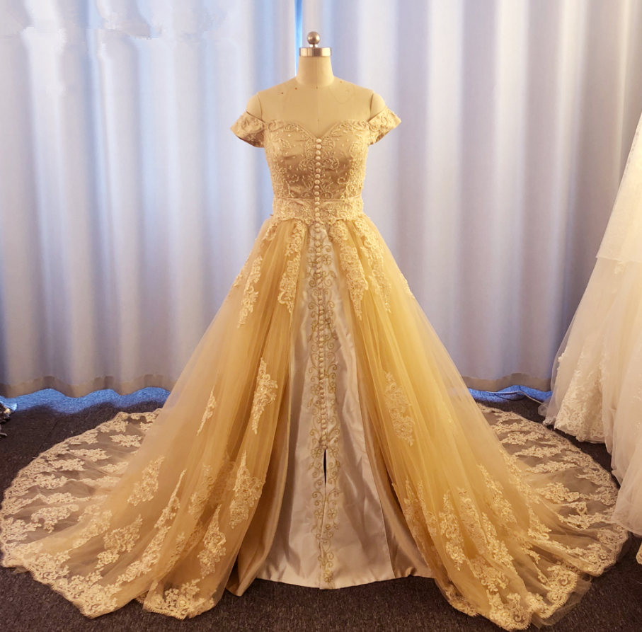 Gold Prom Dresses, Embroidery Prom Dresses, Lace Prom Dresses, Gold Evening Dresses, Lace Formal Dresses, Tulle Evening Dresses, Tulle Prom