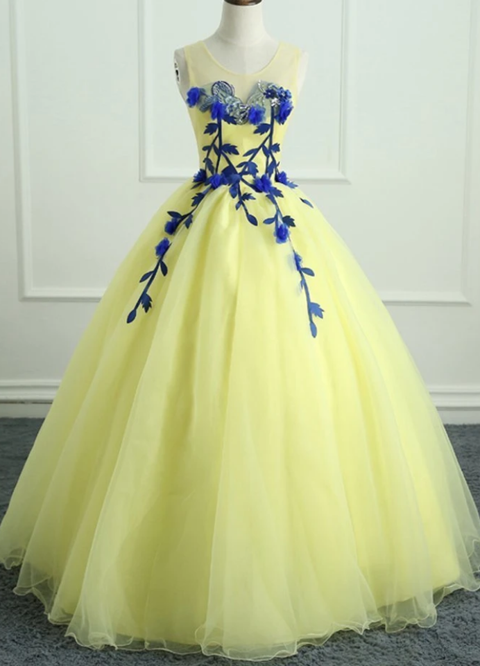 Prom Dresses Tulle Long Flower Applique Evening Dress, Sweet 16 Prom Dress
