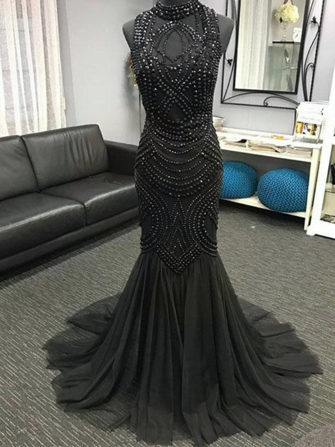 Unique Tulle Beads Mermaid Long Prom Dress, Evening Dress