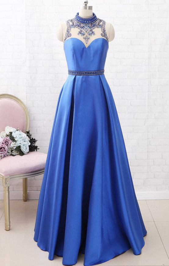 High Neck With Beaded Satin Maxi Prom Dress Royal Blue Formal Evening Gown With Pocket