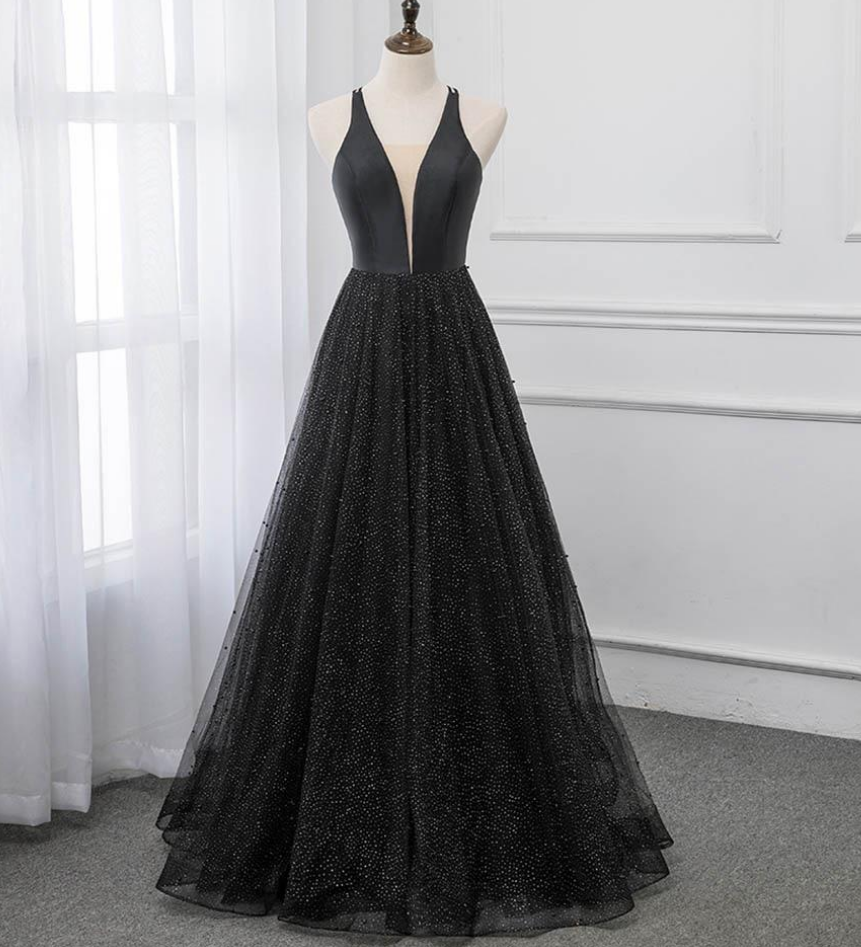 Prom Dresses Sexy Black Deep V Neck Long Prom Dresses Backless Tulle Formal Party Dress
