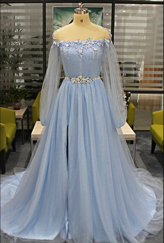 Long Sleeve Prom Dress, Elegant Prom Dress, Beaded Prom Dress, Vestido De Fiesta, Vestido De Longo, Blue Prom Dress, Prom Dresses, Prom Dresses