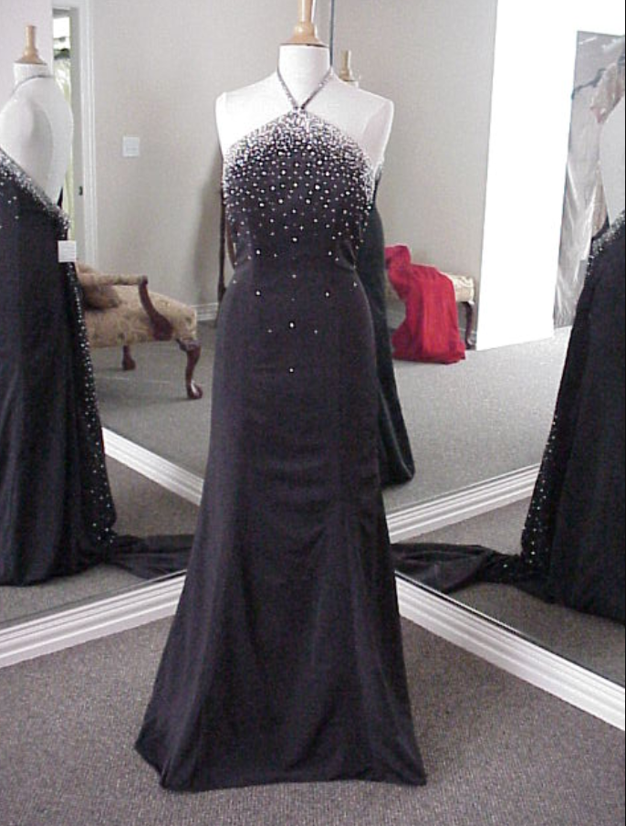 Backless Halter Black Prom Dress With Beads,sexy Sweep Train Back Less Evening Dress