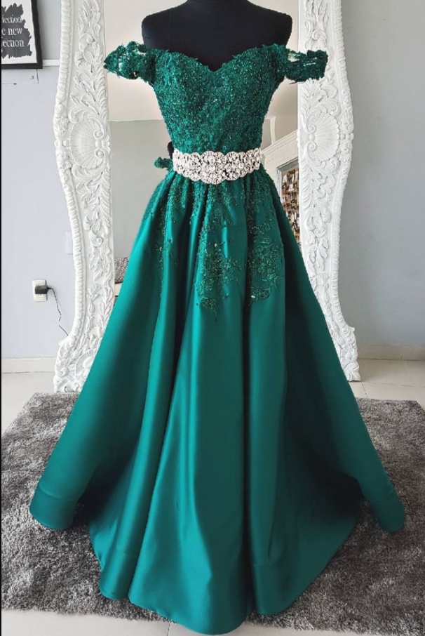 Gorgeous Dark Green Lace Off Shoulder Prom Dress,sweetheart Applique Beaded Waist Evening Dress