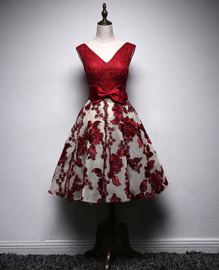Burgundy Lace V Neck Short Prom Dress,homecoming Dress on Luulla