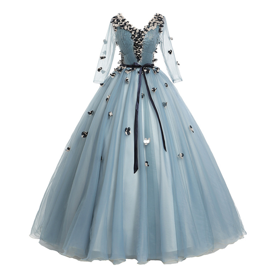 Long Sleeve Evening Dress,smoke Blue Prom Dress,ball Gown Formal Dress,applique,custom Made