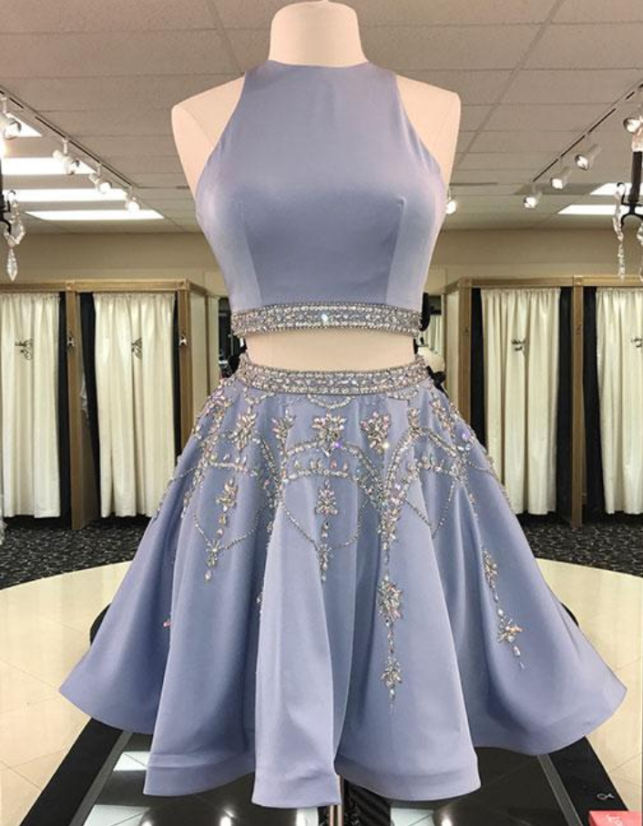 Cute Lavender Two-piece Homecoming Dress with Beading,Short Sleeveless Prom Dress,Party Dress