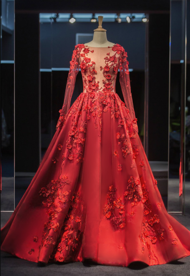 Long Sleeve Ball Gowns Hand Made Tulle Back Tail Prom Dresses
