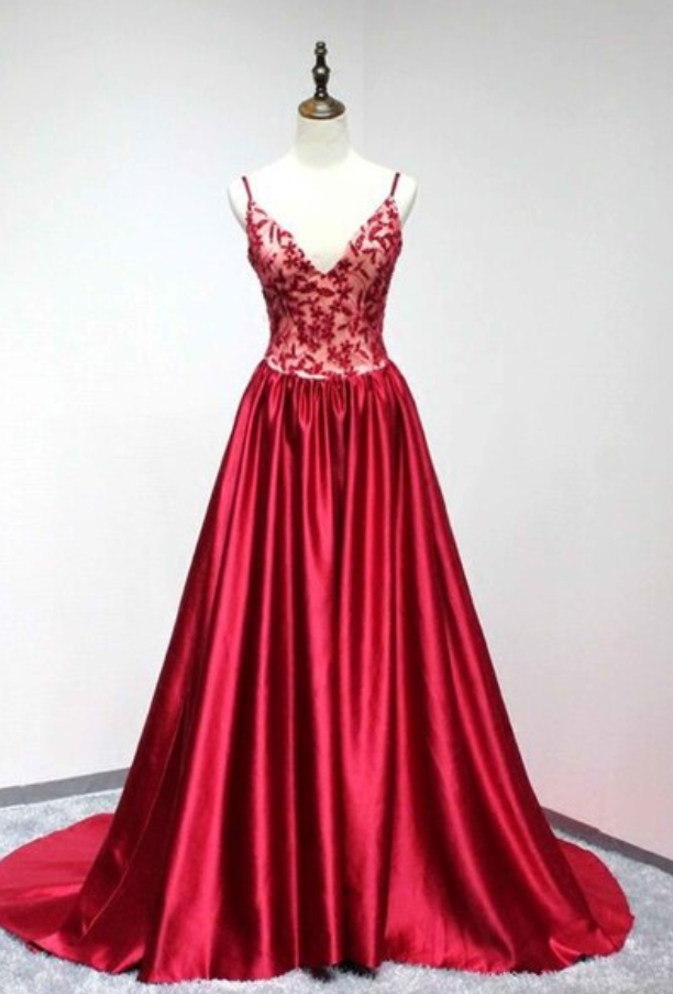 Red Satin V-neck A-line Long Formal Dress, Long Evening Dresses Lace Applique,floor Length Evening Dresses