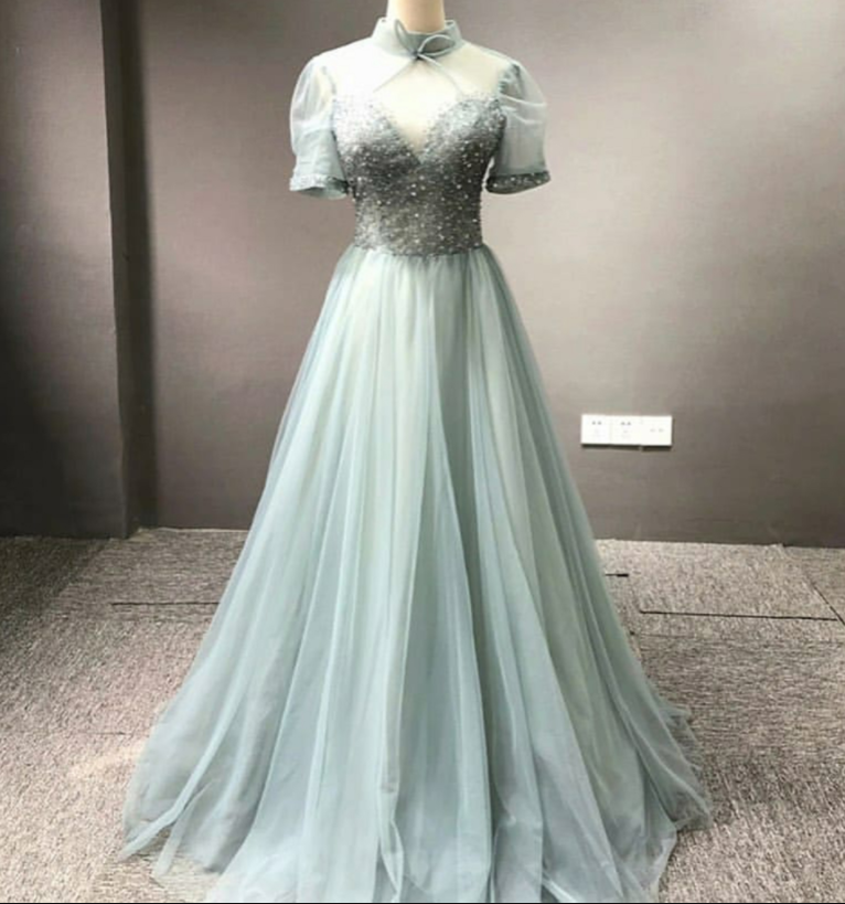green prom dresses long vintage high neck short sleeve beaded chiffon a line cheap prom gown