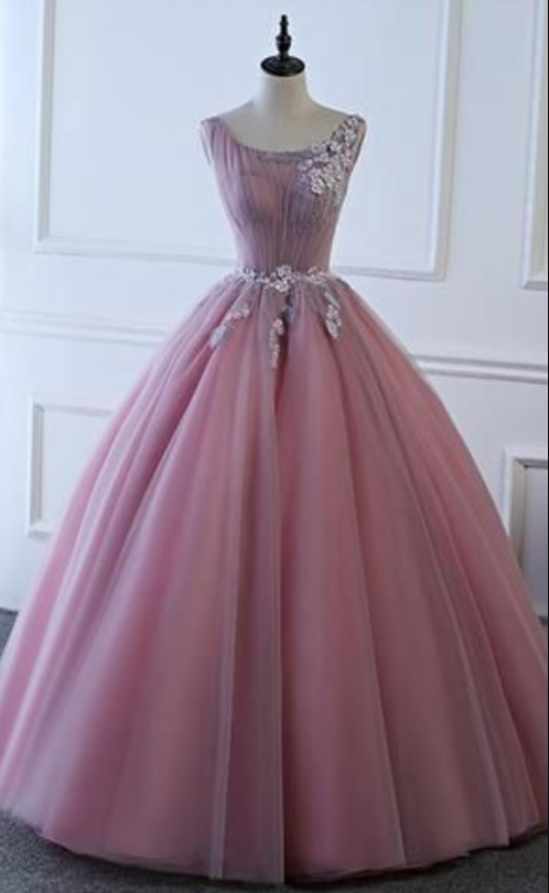 Elegant Pink Round Neck Tulle Long Prom Dress, Charming Custom Made Evening Dresses
