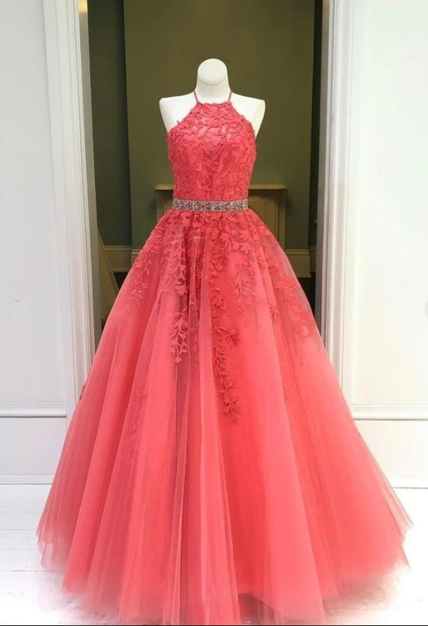 Halter Coral Prom Dresses 2021 Beaded Tulle Elegant Lace Applique Long Prom Gowns 2022 Vestido De Festa De Longo
