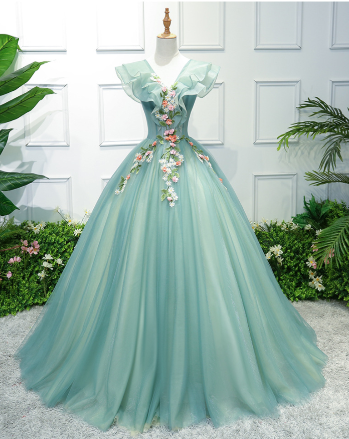 V Neck Prom Dress, Green Prom Dresses, Tulle Prom Dress, Embroidery Applique Prom Dress, Prom Gown, Prom Dresses 2021, 2022 Prom Dresses,