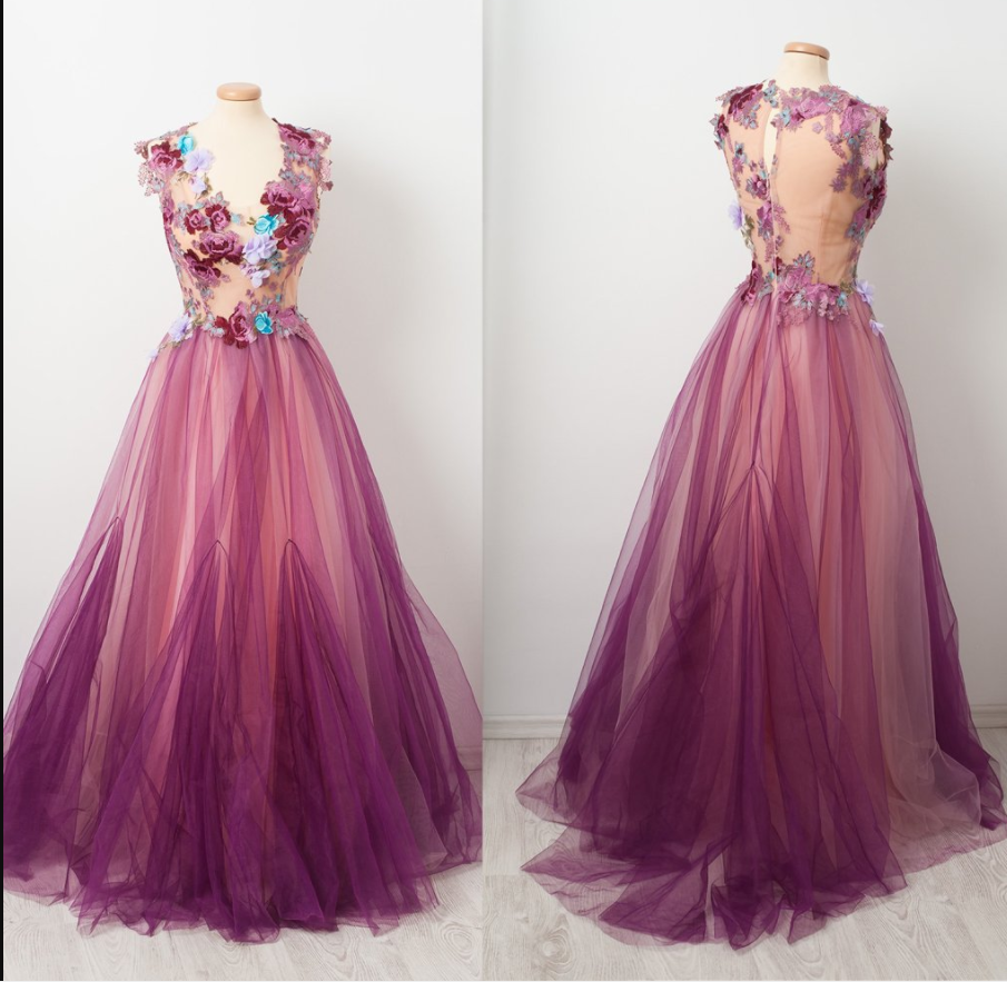 Flowers Embrodiery Applique Prom Dresses 2021 Purple A Line Tulle Elegant Cap Sleeve Long Prom Gowns