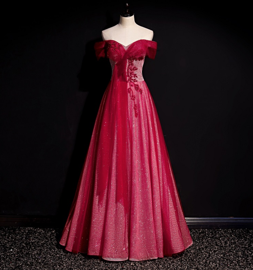 High-end Evening Dress, Feminine Temperament, Thin, Straight Shoulder, Red Wedding Girl