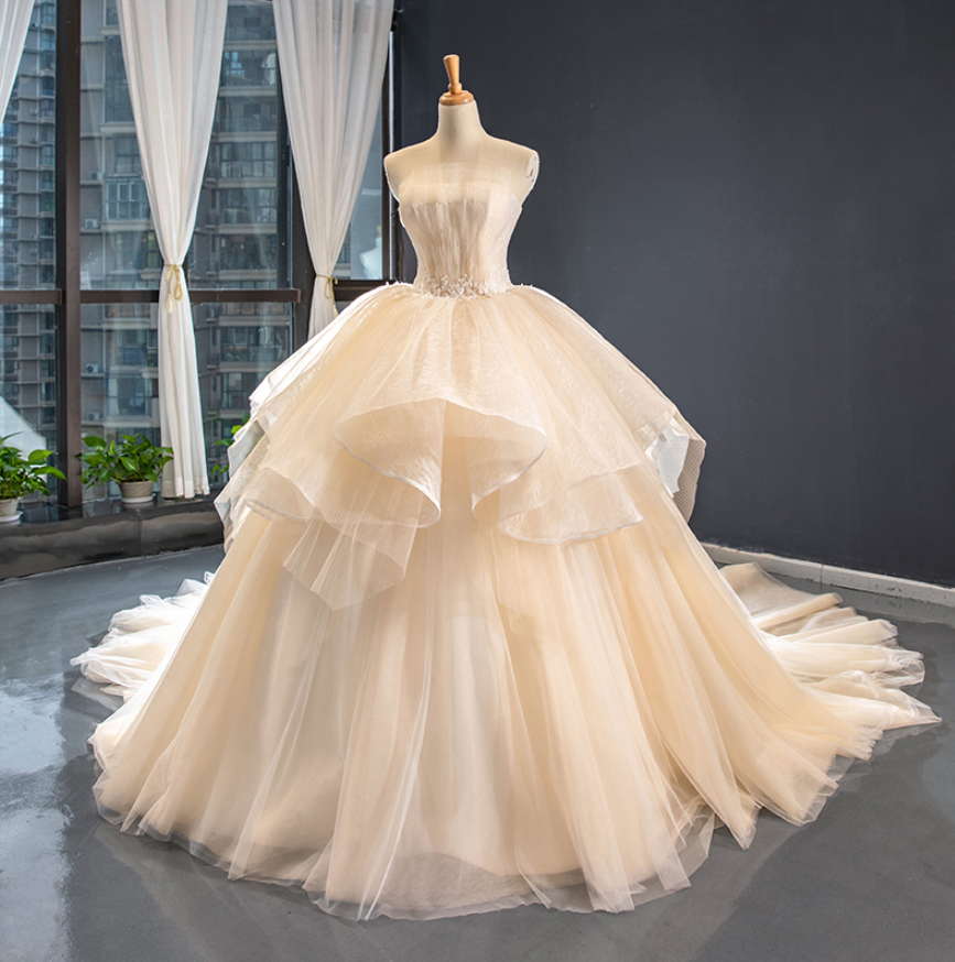2022 Sweet Strapless Light Champagne Korean Slim Bride's Tail Fluffy Skirt