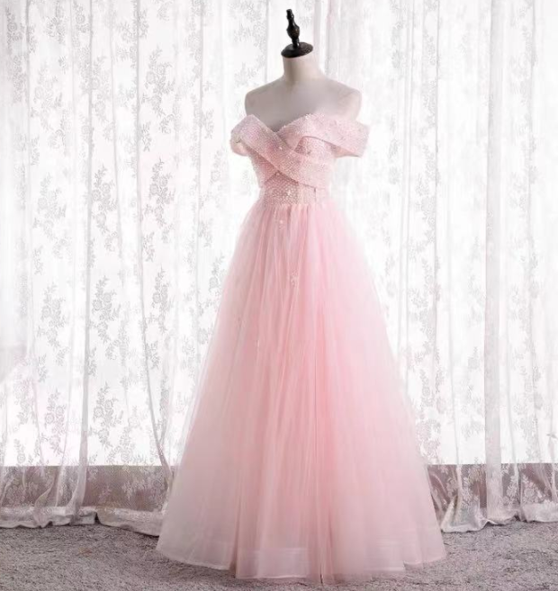 Off-the-shoulder Evening Dress, Fairy Pink Dress,custom Made