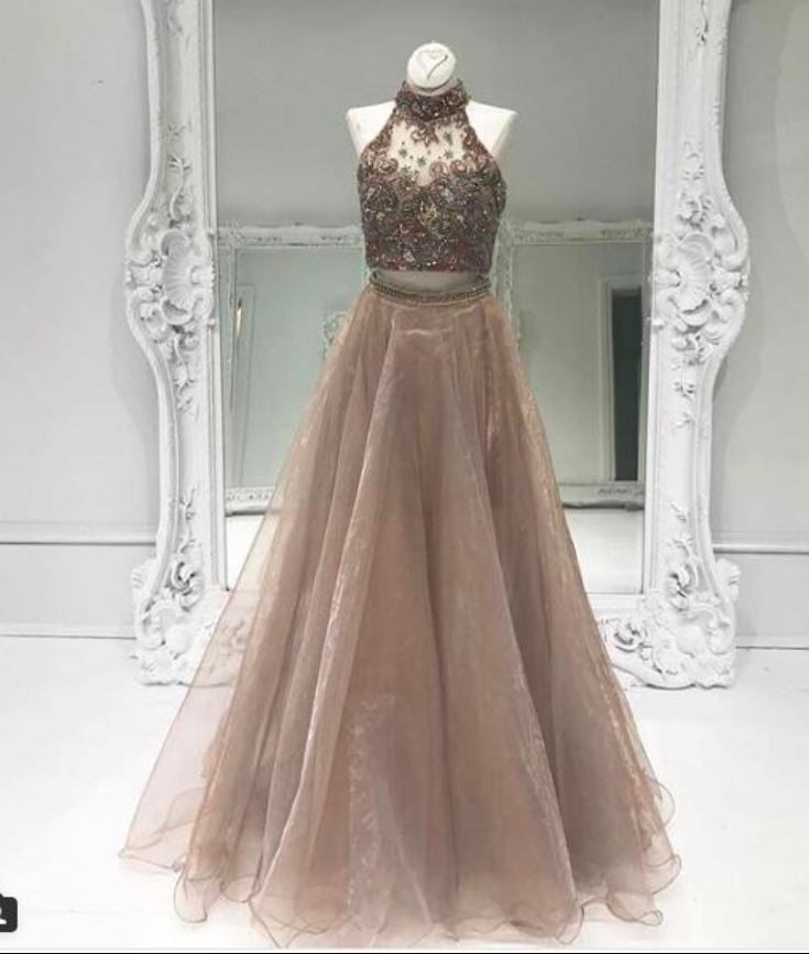 Two Pieces Prom Dress, Sexy Prom Dresses, Chocolate Evening Dress,beads Bodice Tulle Long Prom Dresses Formal Dress