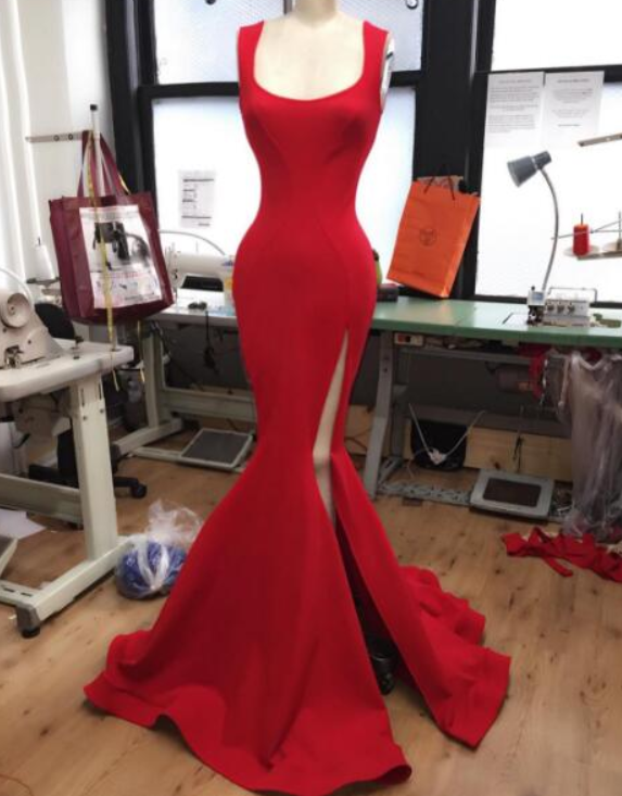 Mermaid Prom Dress, Red Prom Dresses, Satin Long Evening Dress, Sexy High Split Long Prom Dresses Formal Dress