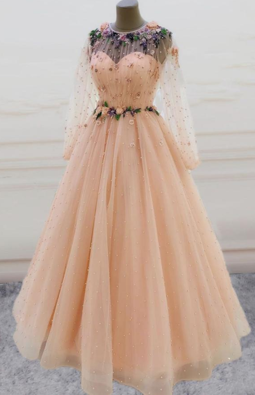 Cute Tulle Applique Long Prom Dress Evening Dress
