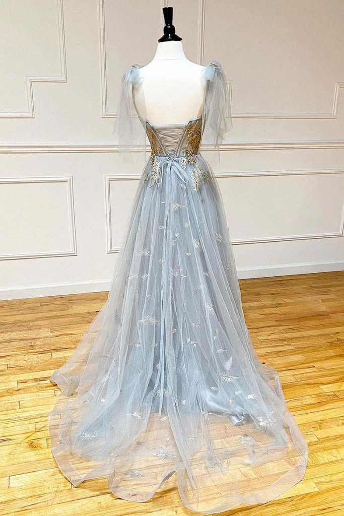 Gray V Neck Tulle Long Formal Prom Dress Gray Formal Dress main image 1