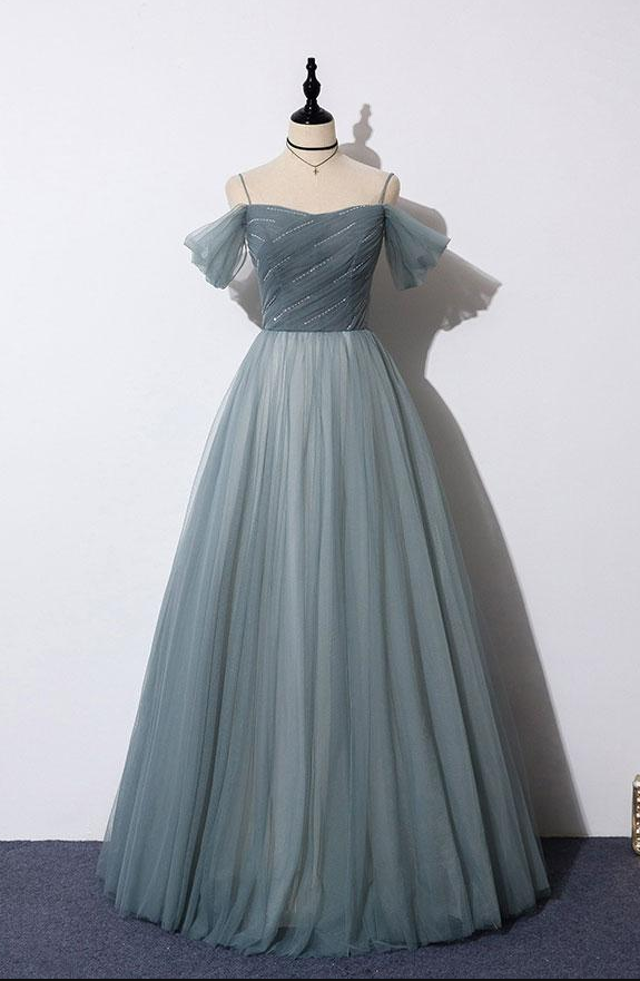 Gray Blue Sweetheart Tulle Formal Dress Blue Evening Dress