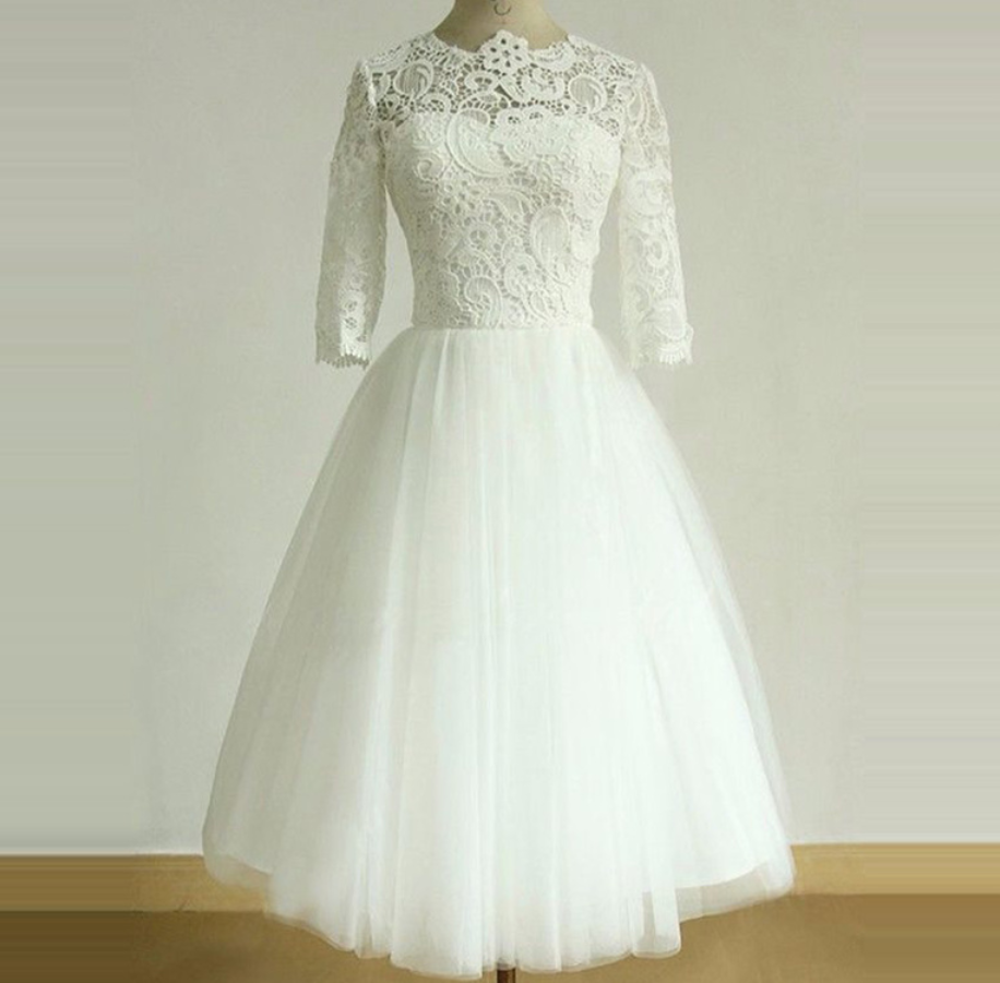 Wedding Dress, Lace Half Sleeves Bride Dresses Scoop Tulle Tea-length Bridal Gowns