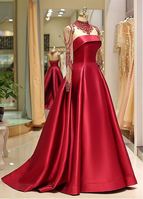 Long Sleeve Prom Dresses High Neck Burgundy Long Prom Dress Satin Evening Dress