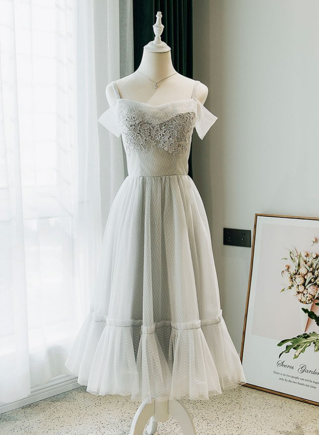 Gray Tulle Lace Prom Dress, Tulle Lace Homecoming Dress
