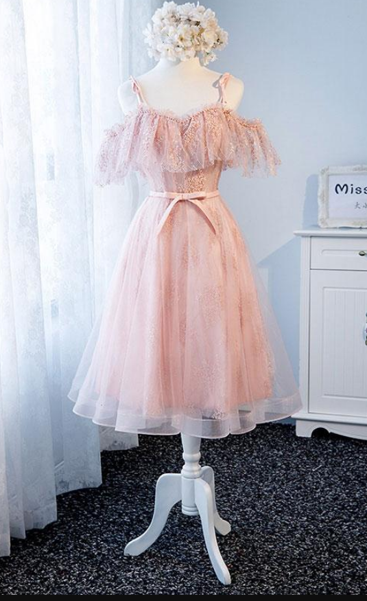 Pink Tulle Lace Short Prom Dress, Pink Tulle Lace Homecoming Dress