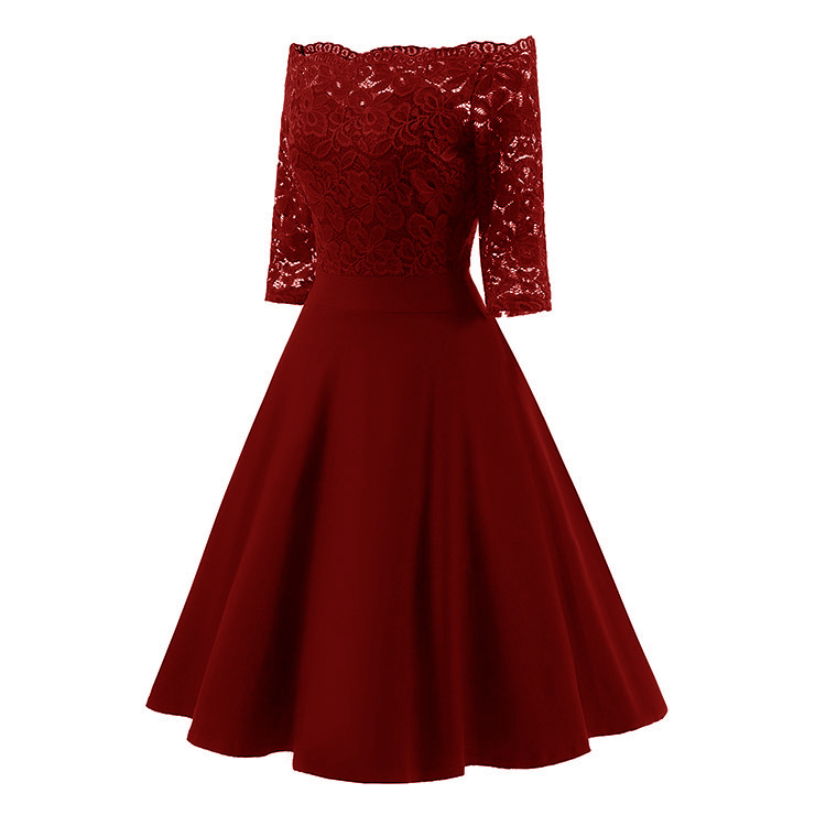 Homecoming Dresses Vintage Floral Lace Half Sleeve Boat Neck Formal Swing Dress